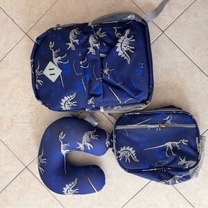 Kids Navy Blue Dinosaur Backpack Set with Neck Pillow and lunch box bag